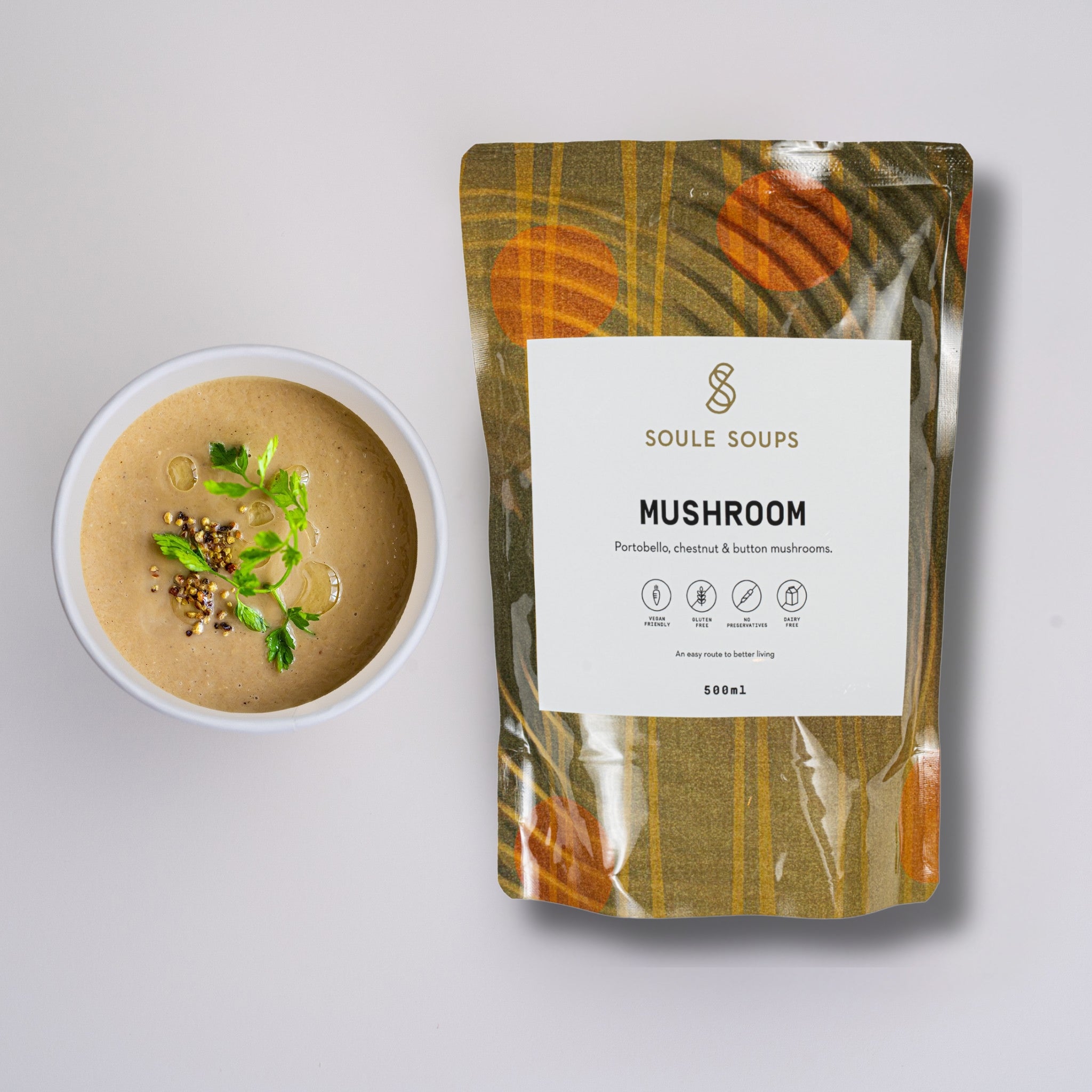 Soule Soups mushroom soup package with a bowl of soup on a light gray background