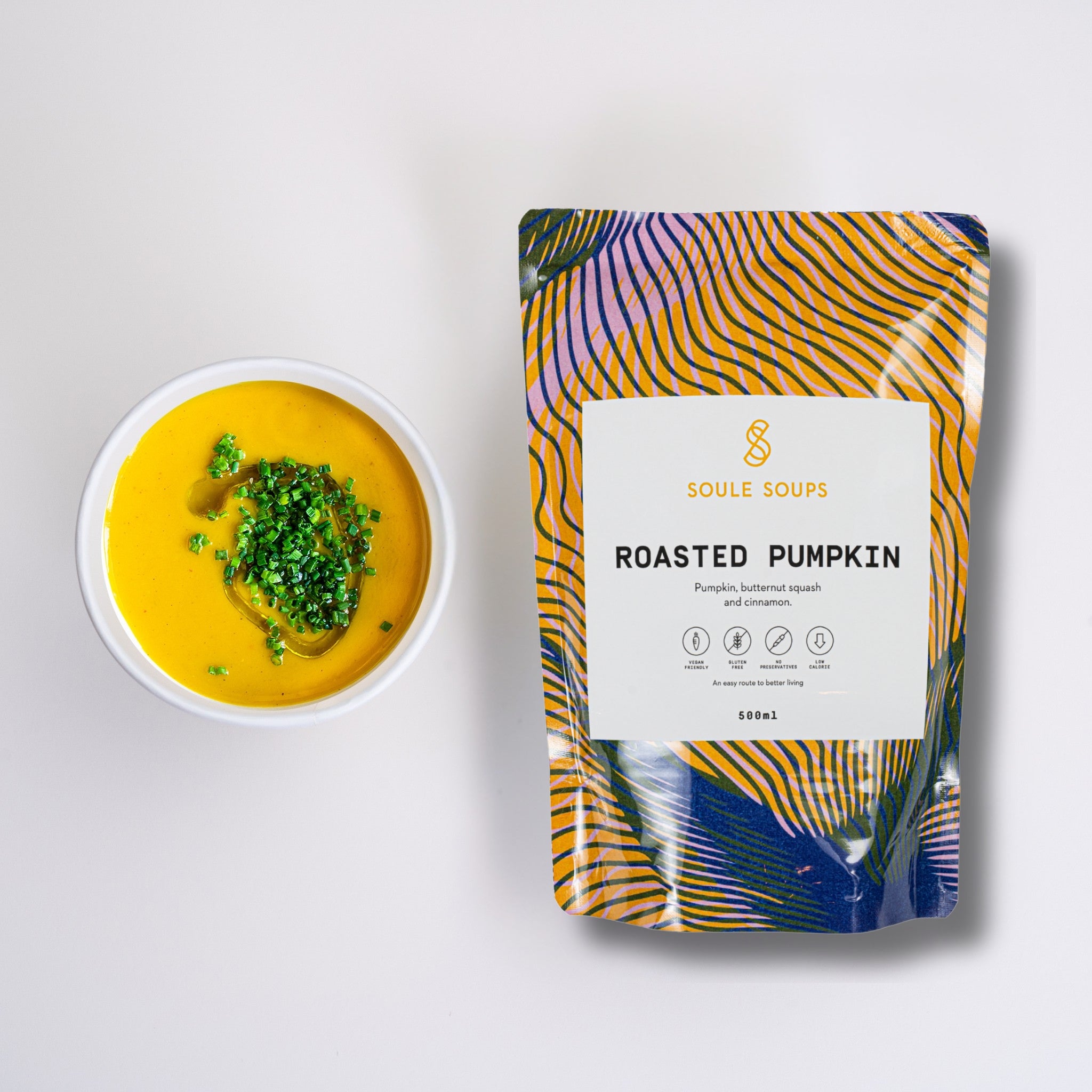 Soule Soups Roasted pumpkin soup with a colorful packaging label on a white background