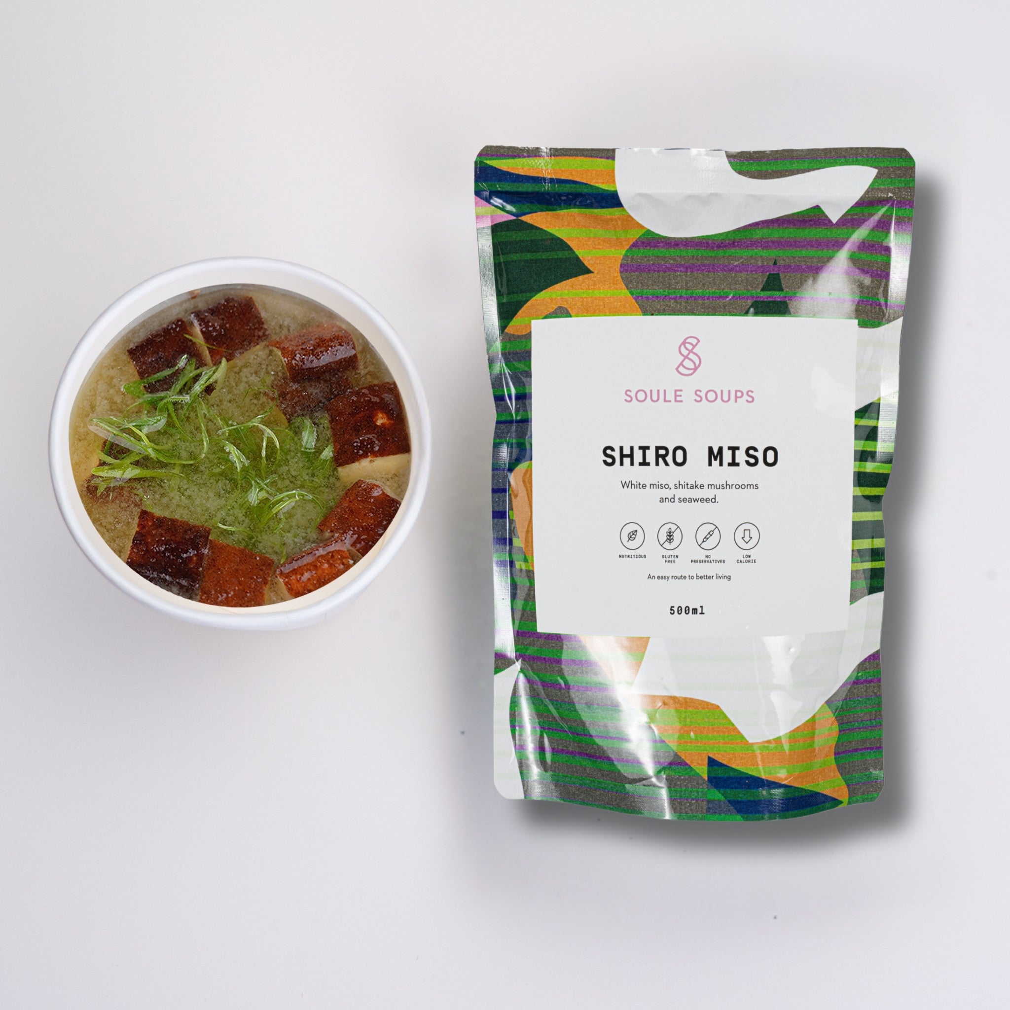 Soule Soups Shiro Miso soup package with a bowl of soup on a white background