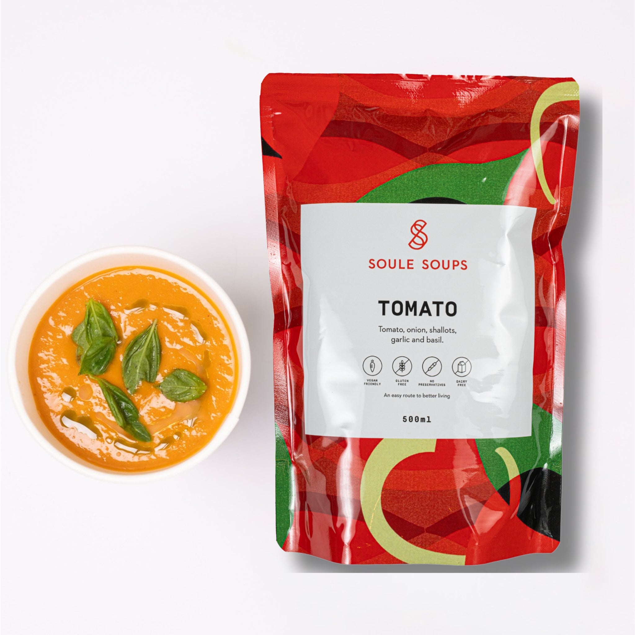 Soule Soups Tomato soup package with a bowl of soup on a white background